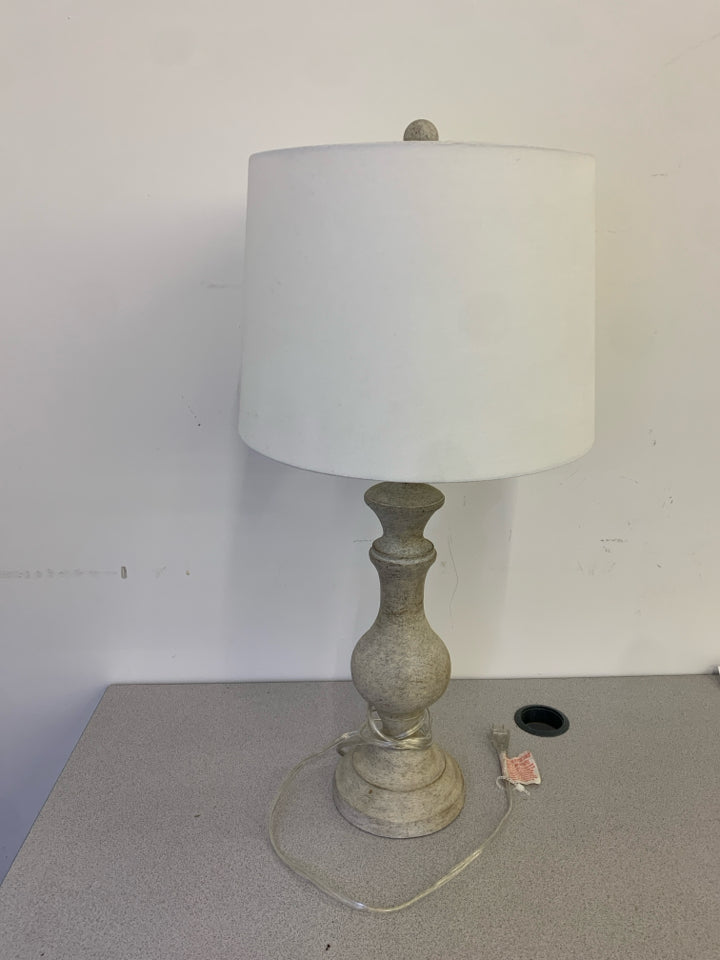 GREY DISTRESSED BASE WITH WHITE SHADE LAMP.