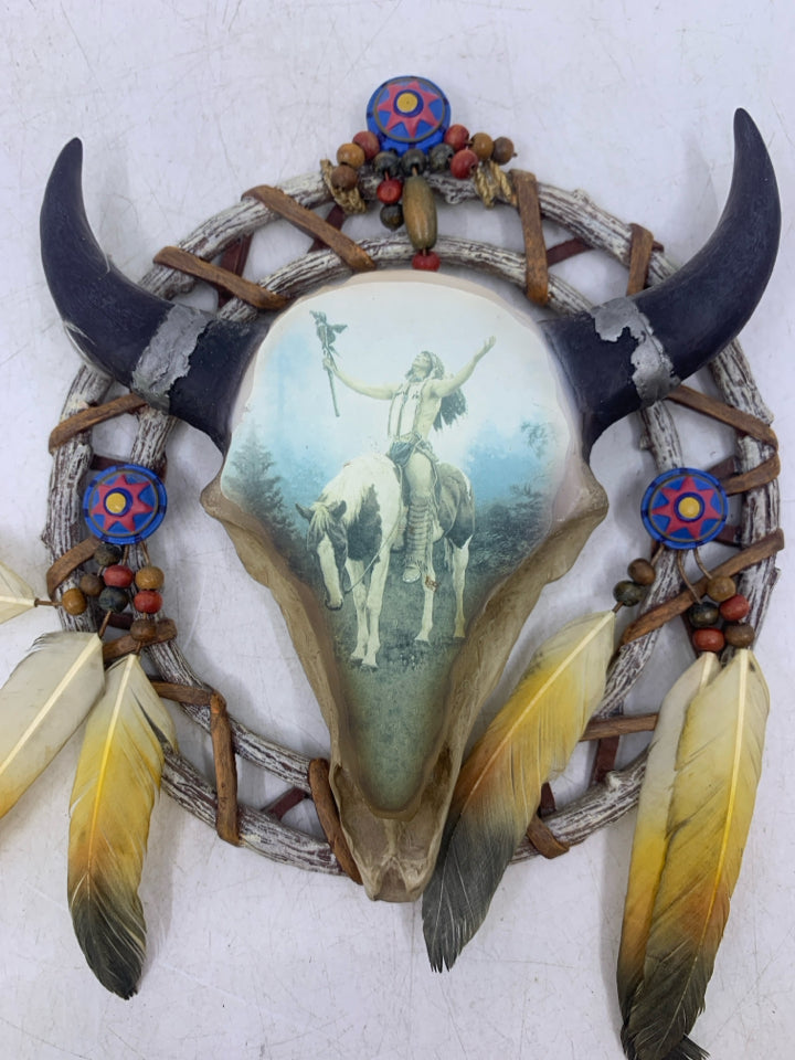 RESIN COW SKULL W/ NATIVE AMERICAN IN CENTER BRADFORD EXCHANGE 6.