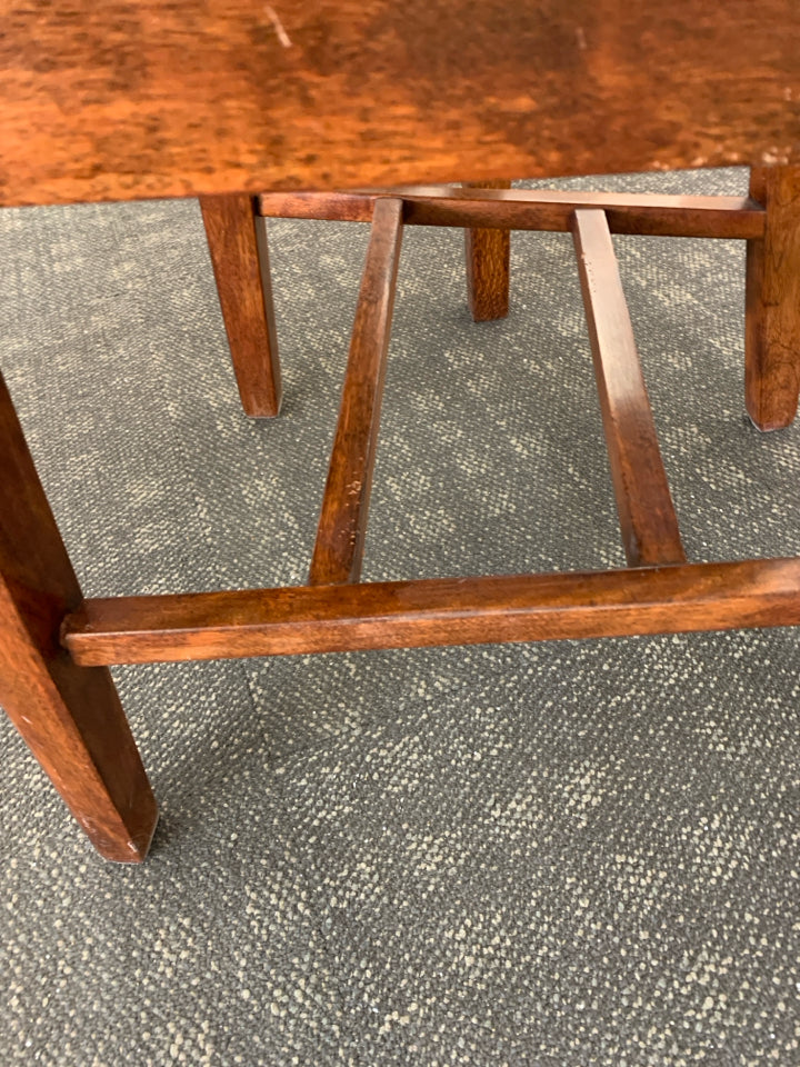 HEAVY WOOD DESK W/2 DRAWERS & CHAIR W/BROWN CUSHION.