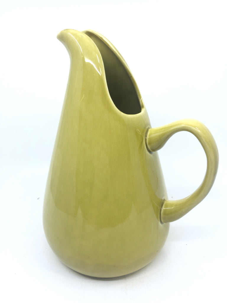 VTG GREEN POTTERY PITCHER W/ LONG SPOUT.