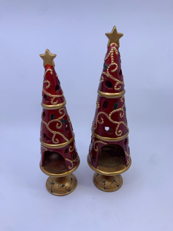 2 RED TEA LIGHT HOLDER CHRISTMAS TREES.