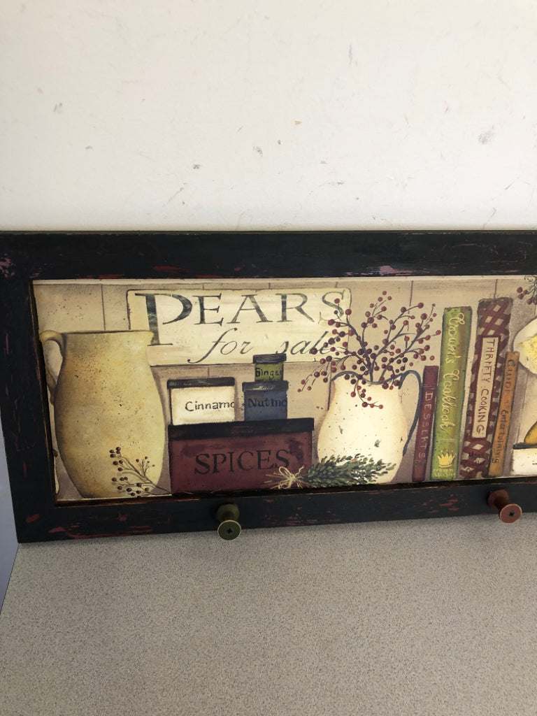 PRIMITIVE WALL ART W/ PEARS/STACKED BOXES+PIP BERRIES 3 HOOKS.