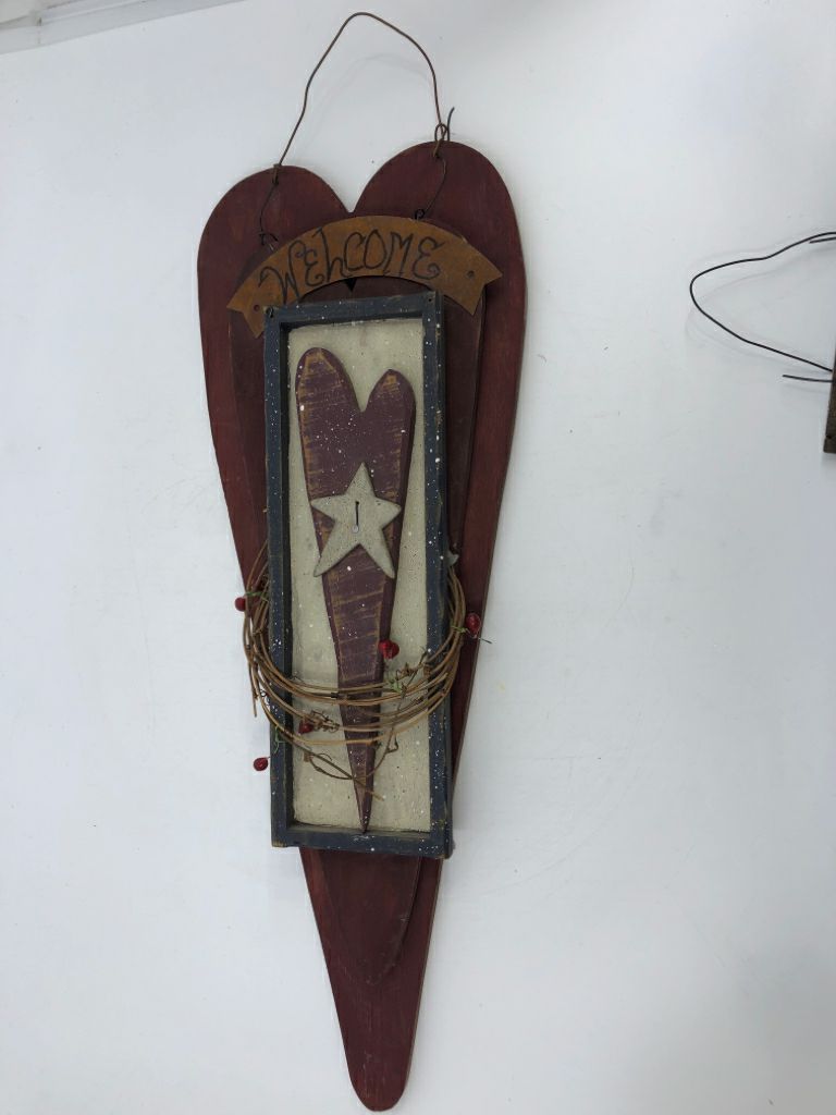 PRIMITIVE HEART WELCOME SIGN.