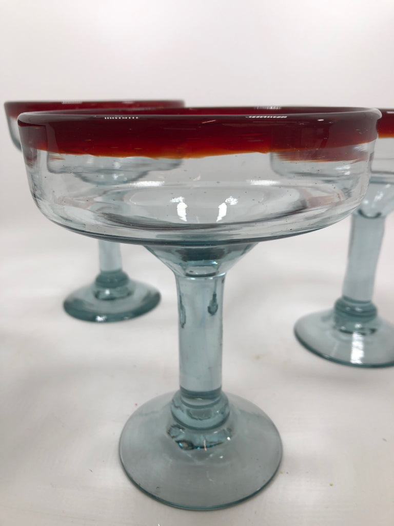 4 RED RIM HEAVY MARGARITA GLASSES