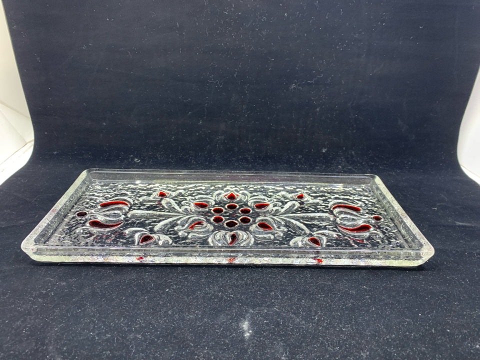 HEAVY GLASS RECTANGLE TRAY W/ SCROLL ETCHED PATTERN HINTS OF RED.