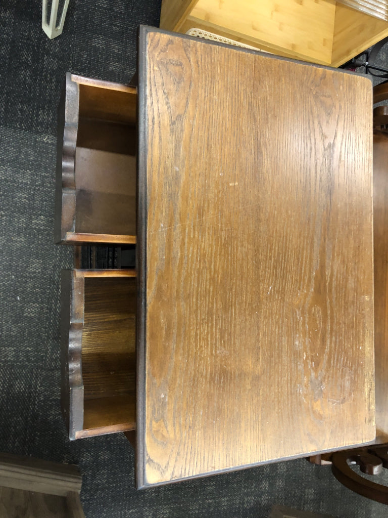 DARK WOOD SIDE TABLE W/ 2 SMALL DRAWER + 2 METAL DRAWER CUBBIES.