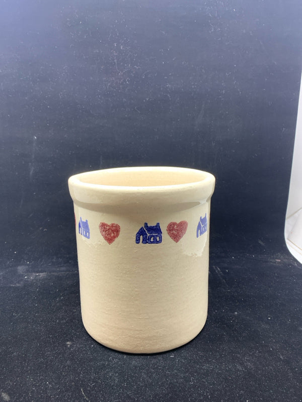 WHITE CROCK W/ BLUE HOUSE+RED HEART RIM.