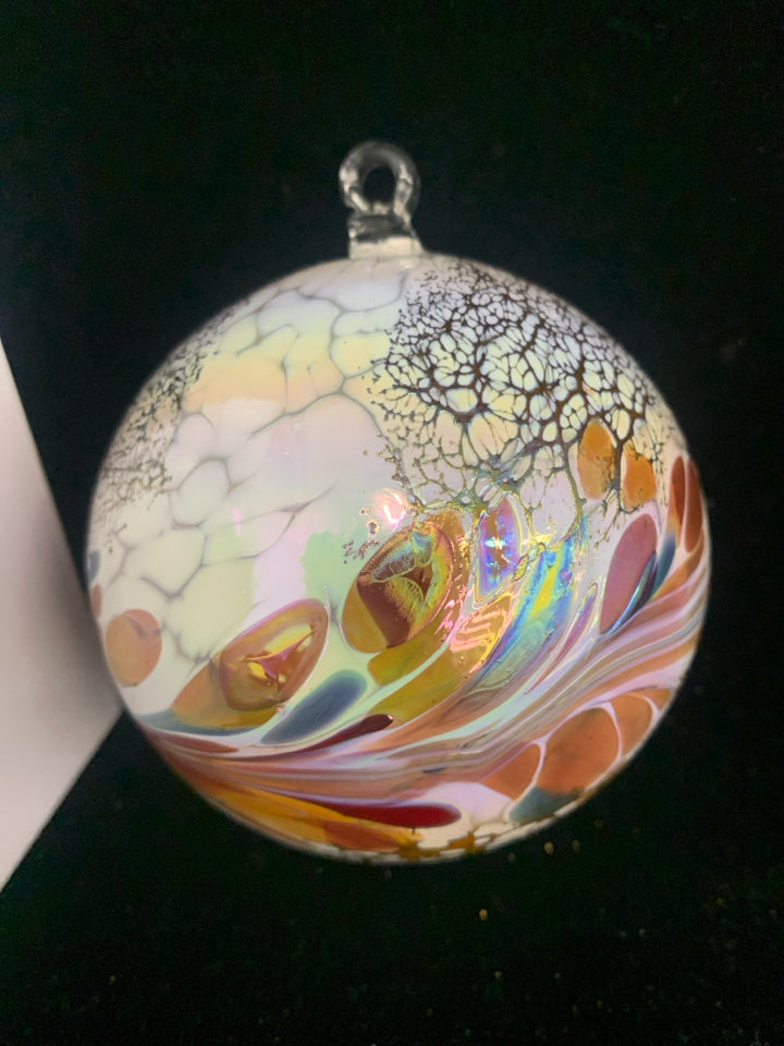 WHITE W PEACH ACCENT BLOWN GLASS WITCHES BALL.