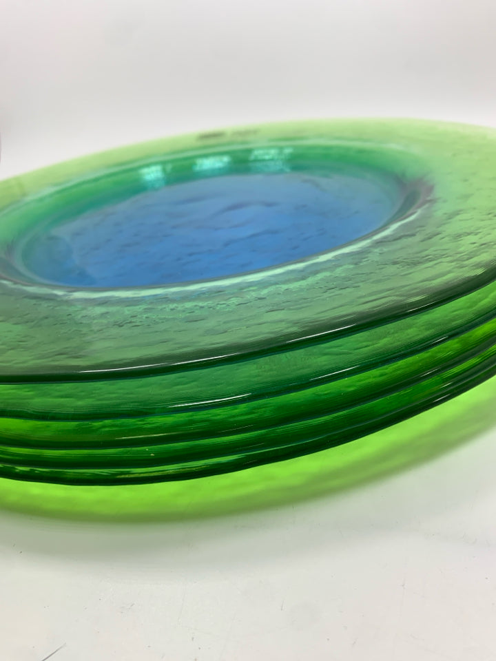4 GLASS PEACOCK PLATTER CHARGER PLATES.
