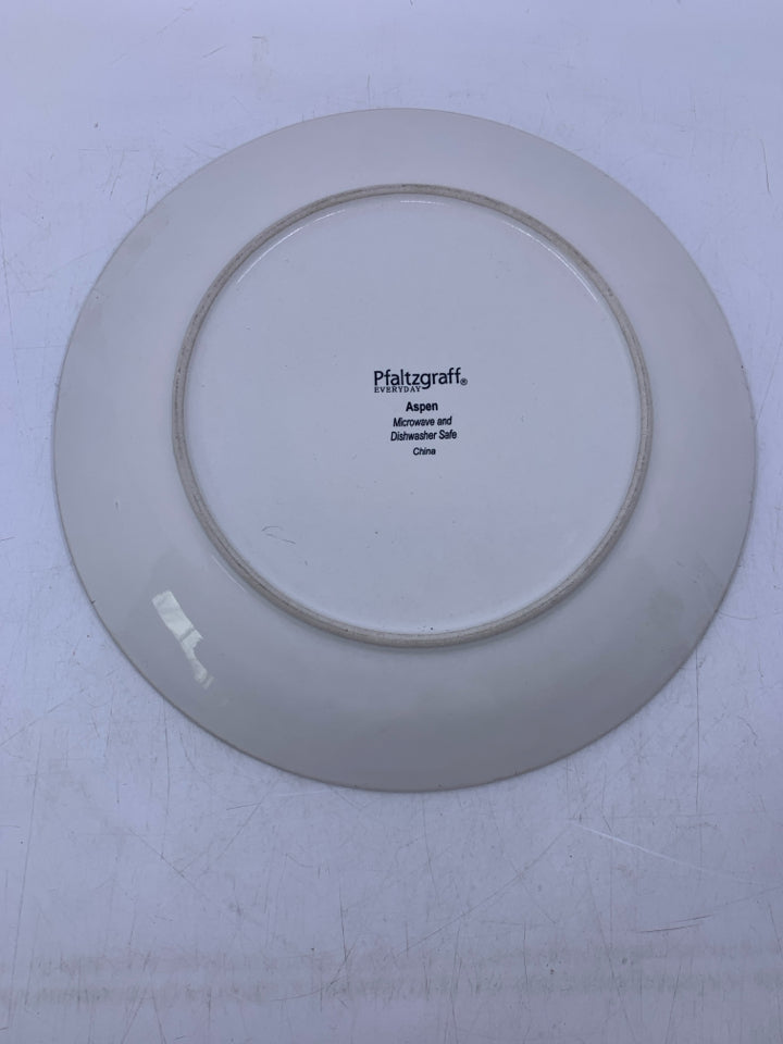 4 WHITE DINNER PLATES W/ GREY RIM.