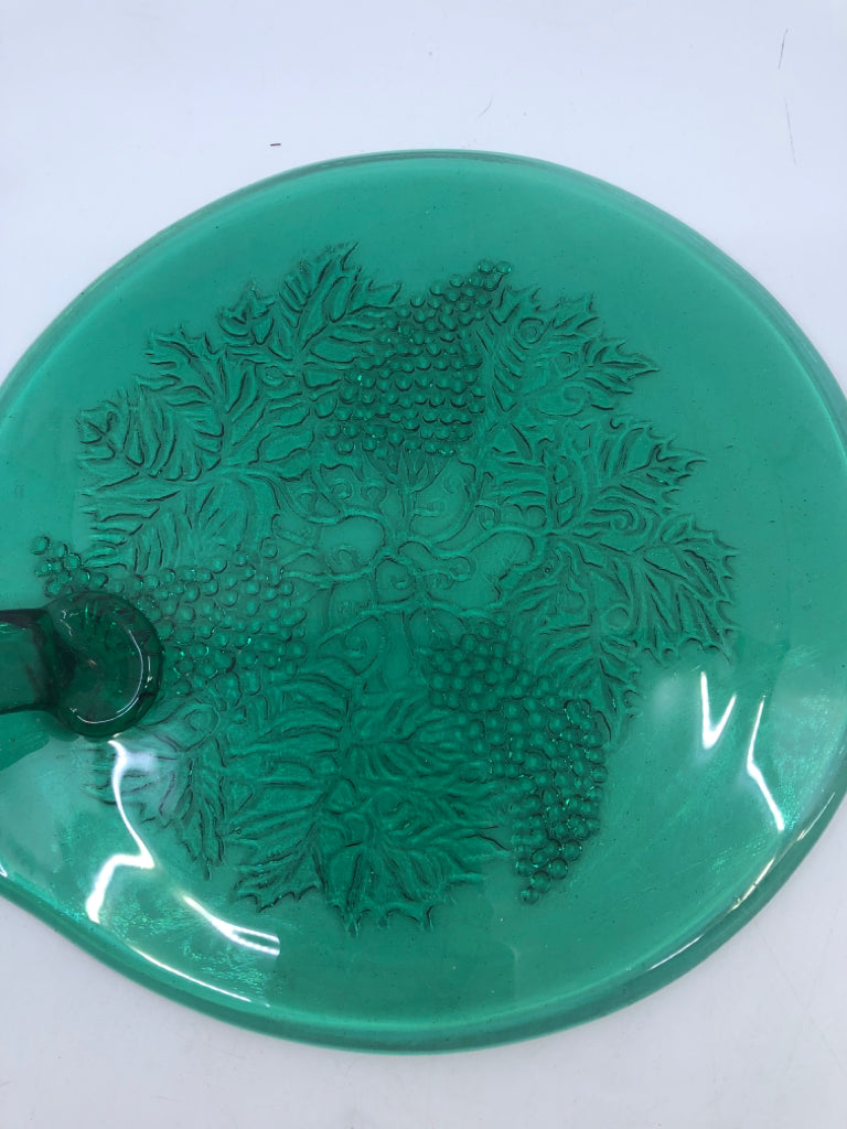 GREEN PRESSED GLASS SERVER W HANDLE.