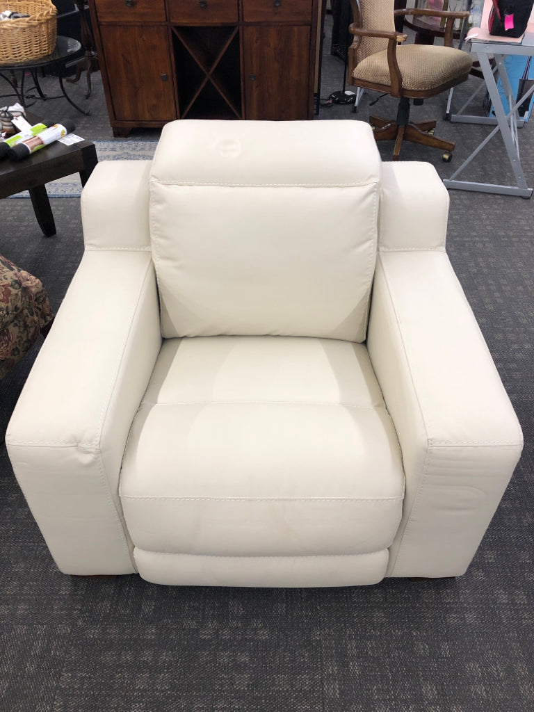 WHITE FAUX LEATHER RECLINER.