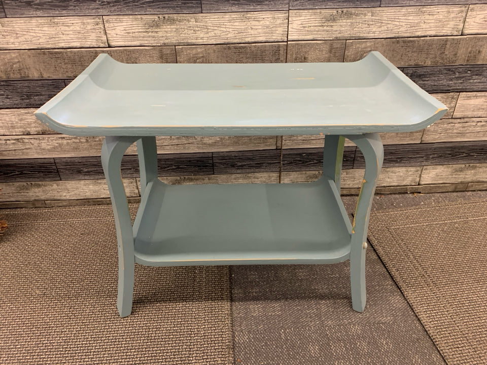 VTG DISTRESSED BLUE CURVED SIDE 2 TIER TABLE.