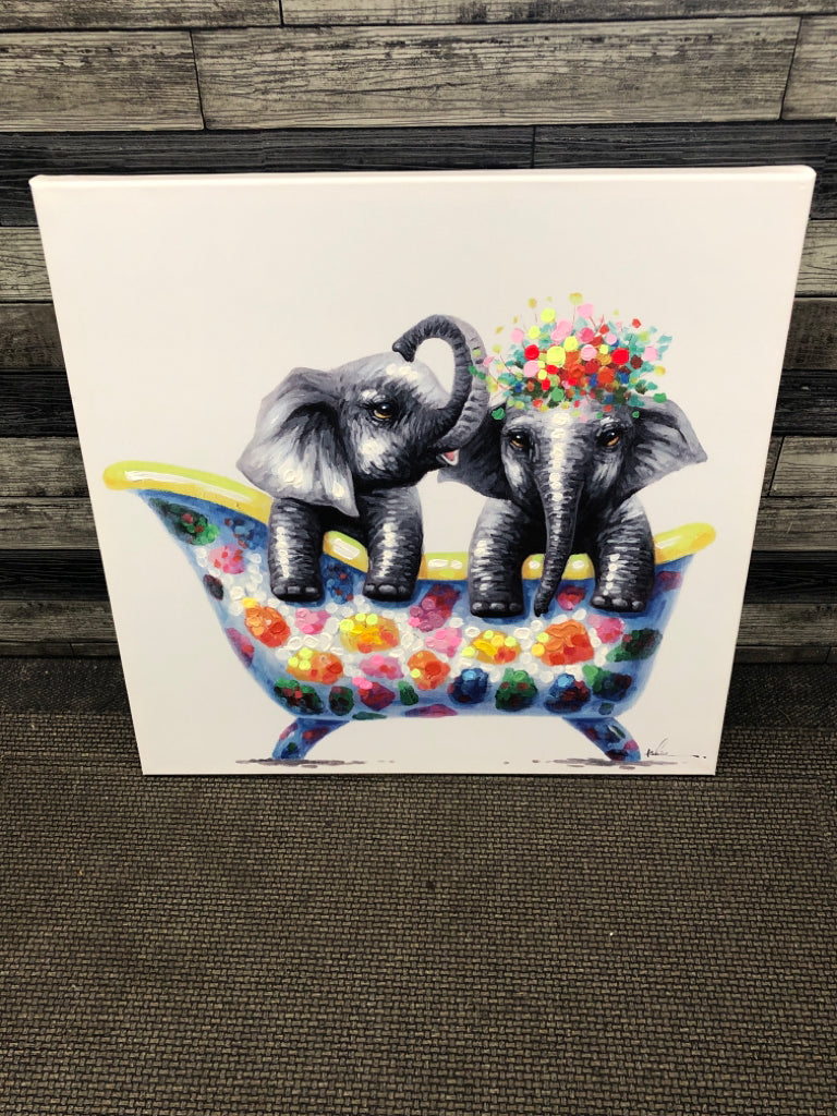 COLORFUL ELEPHANTS IN BATHTUB CANVAS WALL ART.