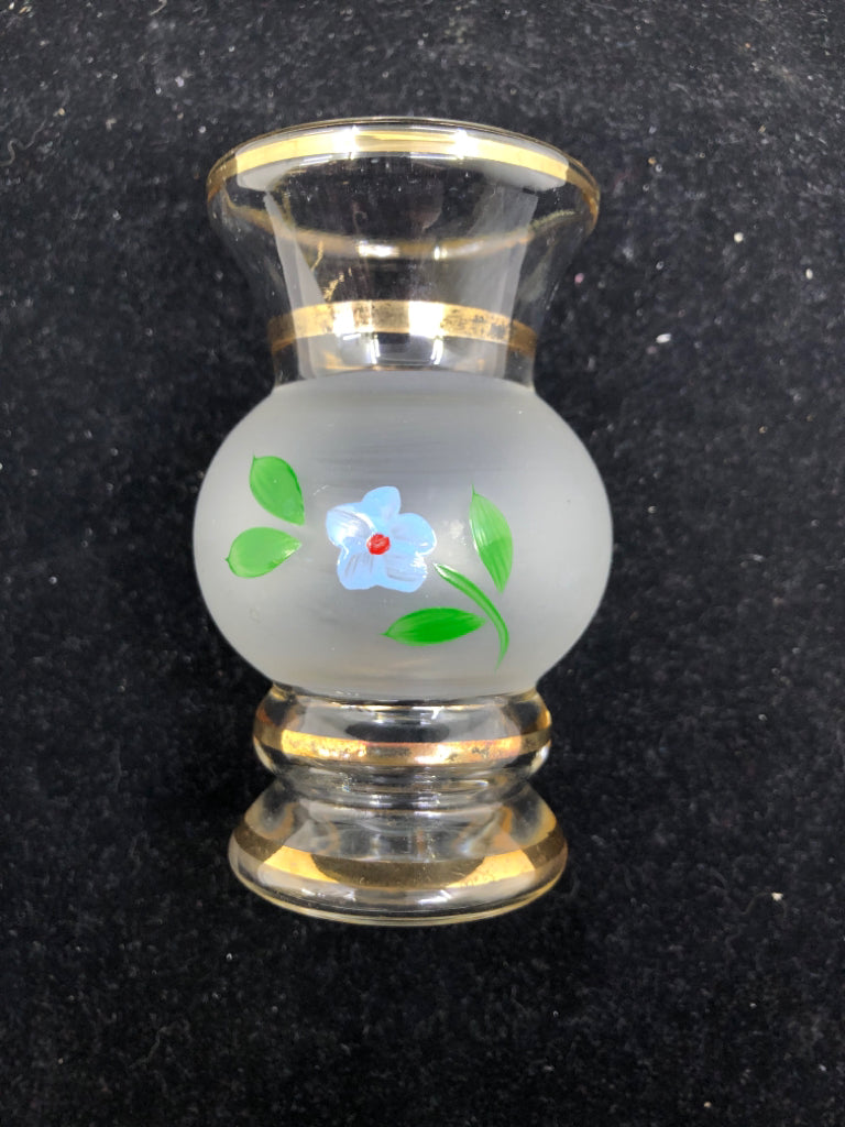 SMALL VTG FROSTED VASE W PAINTED BLUE FLORAL.