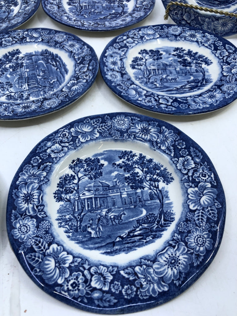8 VTG LIBERTY BLUE DESSERT PLATES.