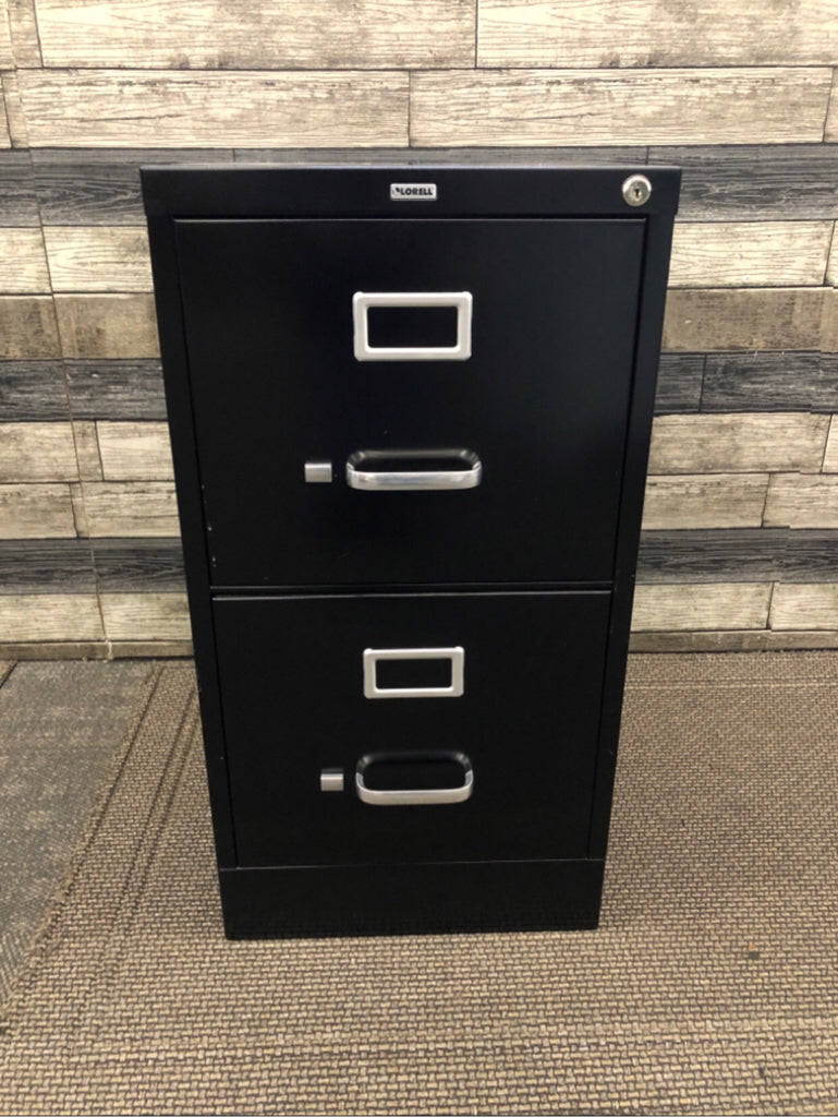 BLACK HEAVY FILE CABINET WITH LOCK.