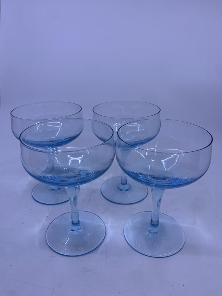 4 BLUE COUPE COCKTAIL GLASSES.
