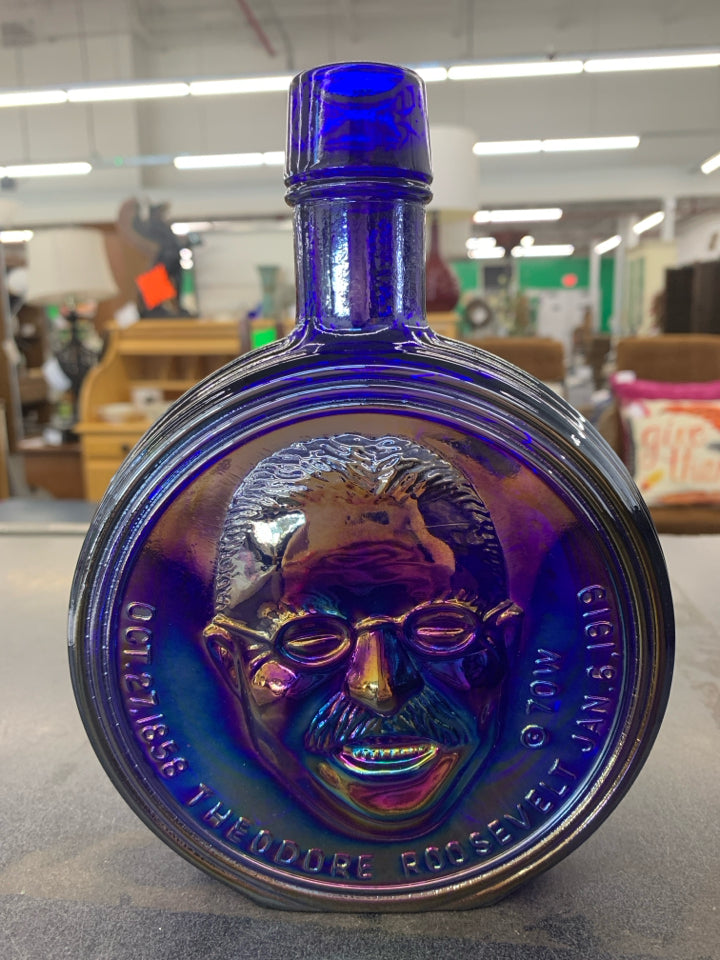 VTG COBALT BLUE GLASS PRESIDENTIAL EMPTY BOTTLE- ROOSEVELT.