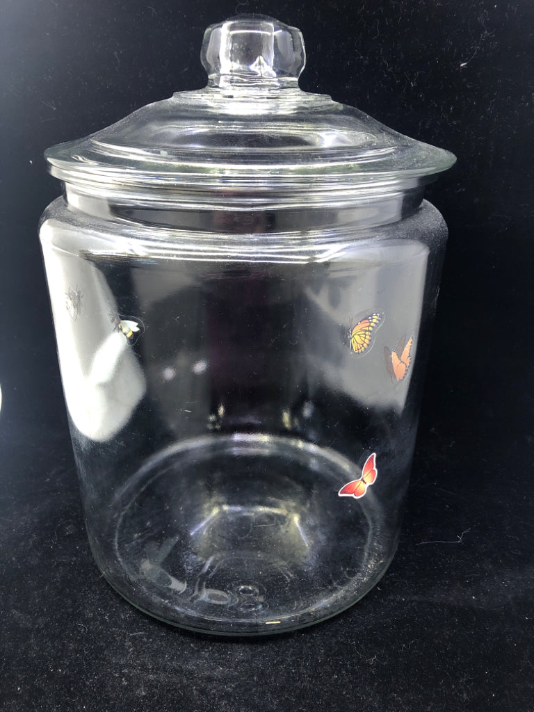 LARGE GLASS BUTTERFLY CANISTER.