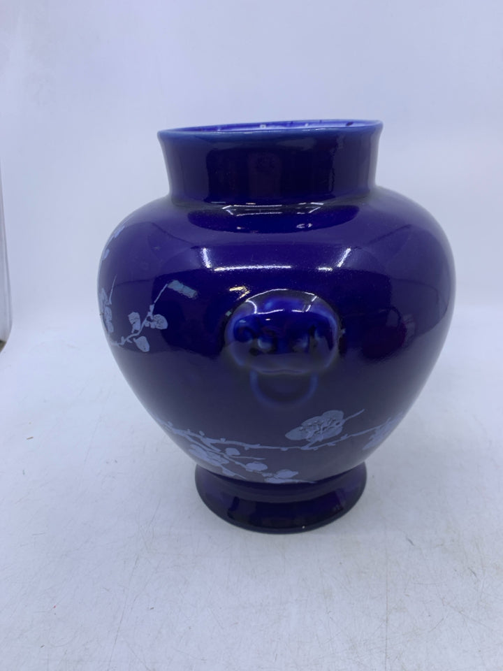 FOOTED COBALT BLUE VASE W/ WHITE CHERRY BLOSSOM BRANCH.