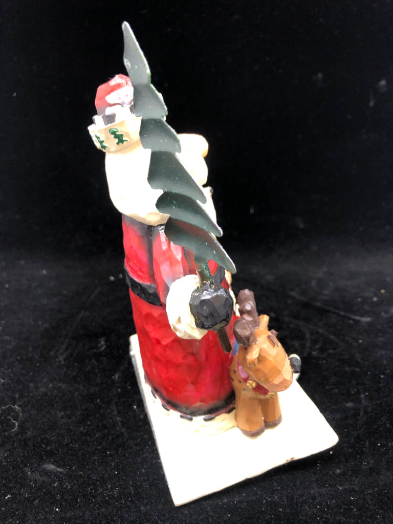 NIB WOOD CARVED SANTA W/PUPPIES STOCKING HOLDER.