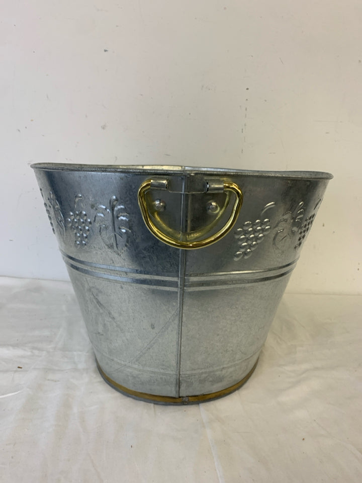 LARGE GALVANIZED DRINK BUCKET W/ EMBOSSED GRAPES+LEAVES GOLDEN HANDLES.