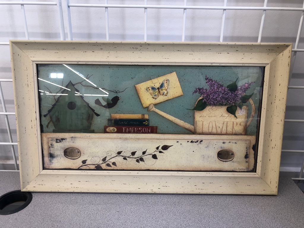 BIRDHOUSE & LILAC FRAMED WALL ART.