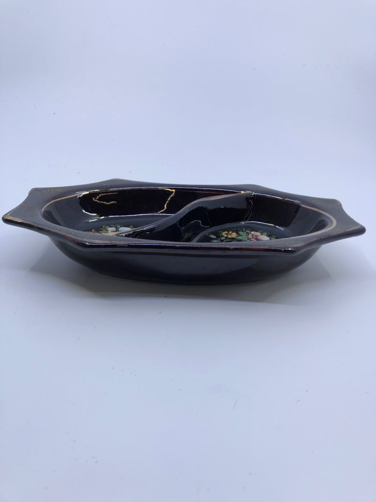 VTG BROWN DIVIDED FLORAL BOWL.