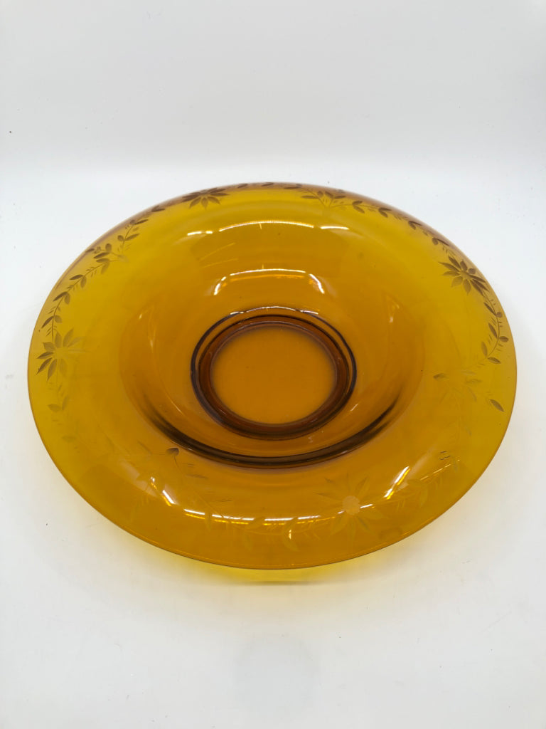 VTG ROLLED EDGE AMBER GLASS ETCHED CENTERPIECE BOWL.