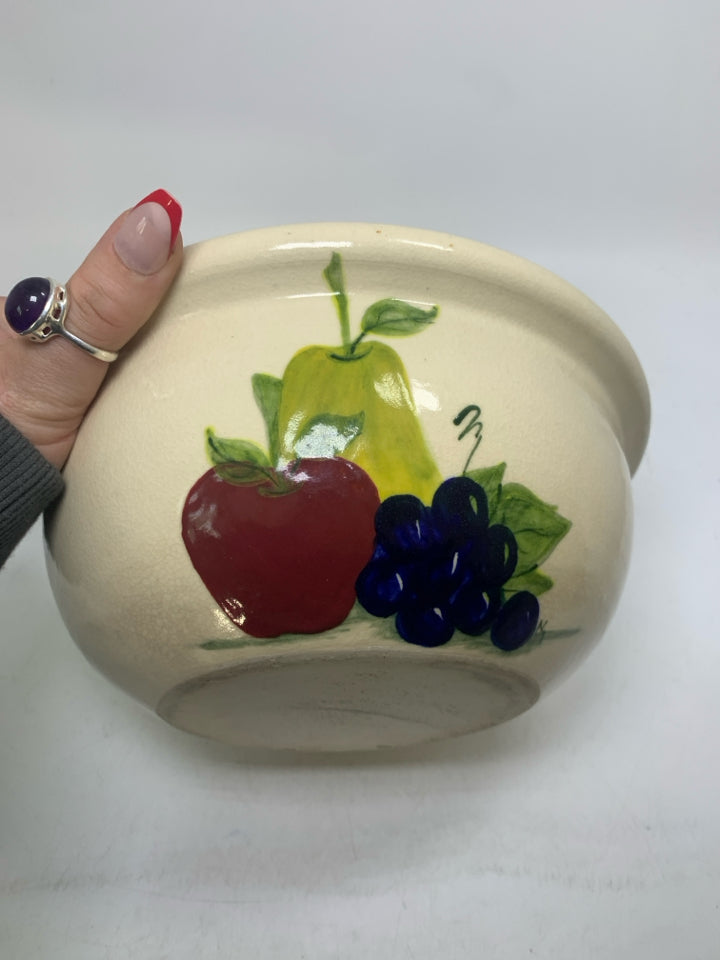 HEAVY POTTERY BOWL W/ GRAPES APPLE & PEAR PAINTED.