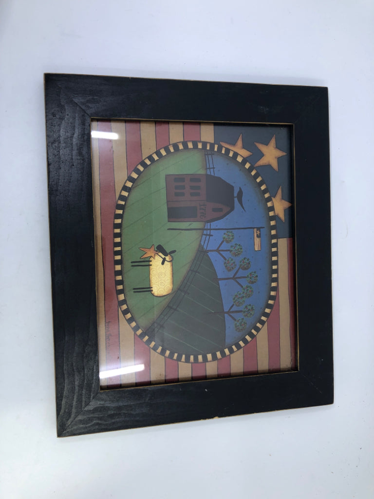 FRAMED COLONIAL HOME WITH SHEEP PRINT.