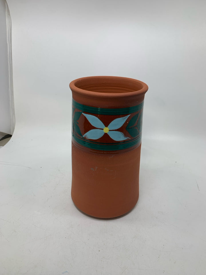TERRA COTTA W/ PAINTED GREEN BAND W/ BLUE FLOWER.