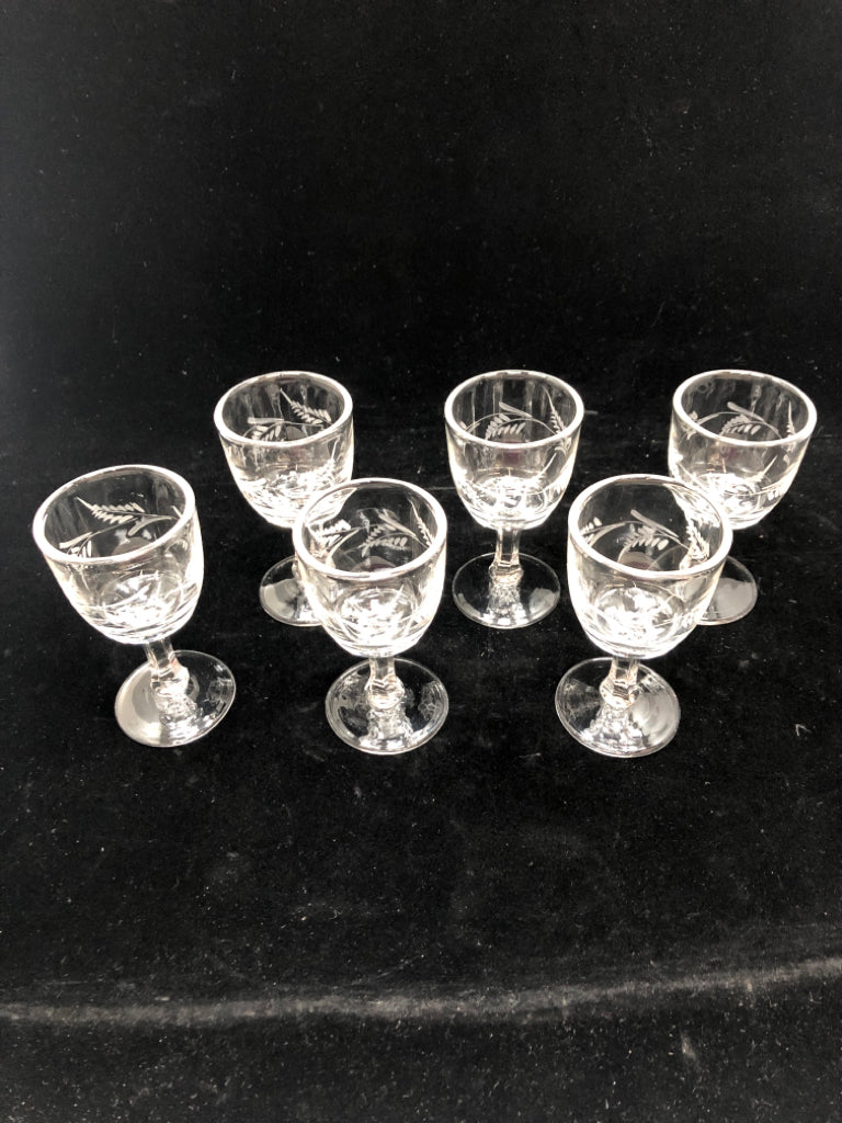 6 WHEAT ETCHED CORDIAL GLASSES.