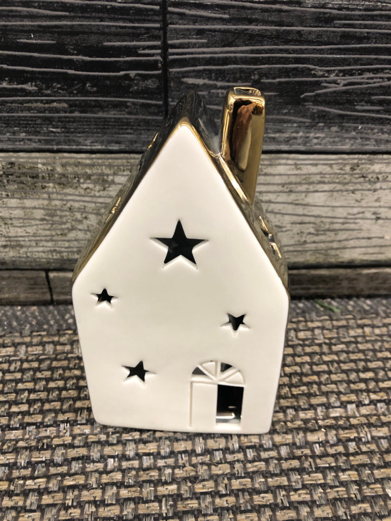 GOLD/ CREAM TEA LIGHT HOLDER HOUSE.