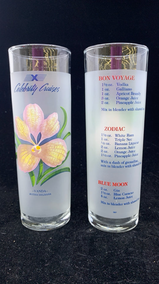 2 FLOWER FROSTED HIGHBALL GLASSES W/DRINK RECIPES.