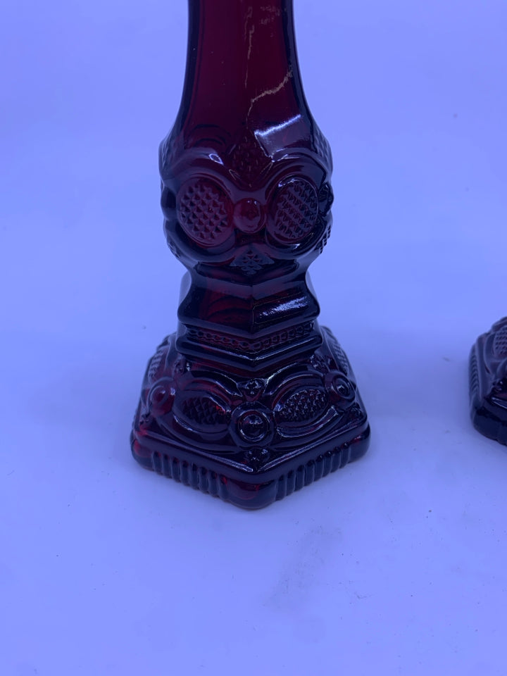 2 VTG CRANBERRY TAPER CANDLE HOLDER- EMPTY BOTTLES.