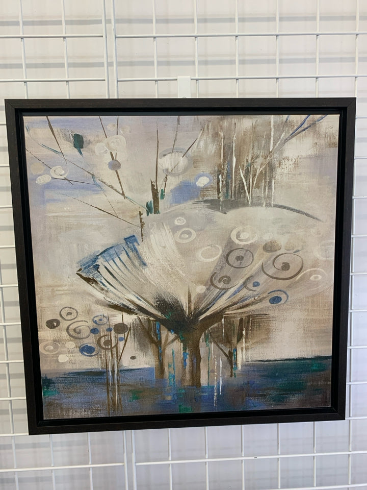 BROWN TEAL ABSTRACT CANVAS IN BLACK WOOD FRAME.