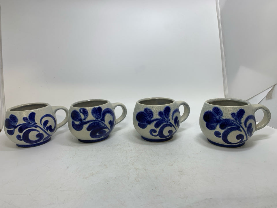 4 VTG COBALT BLUE PAINTED FLOWER MUGS.