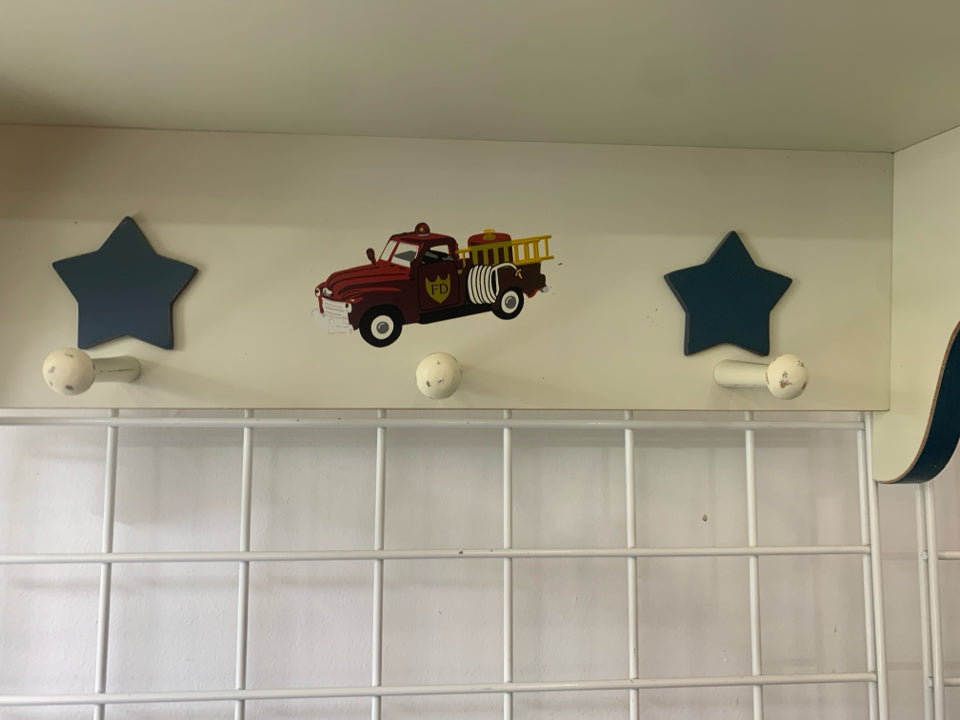 CREAM AND BLUE W FIRE TRUCK WALL SHELF.