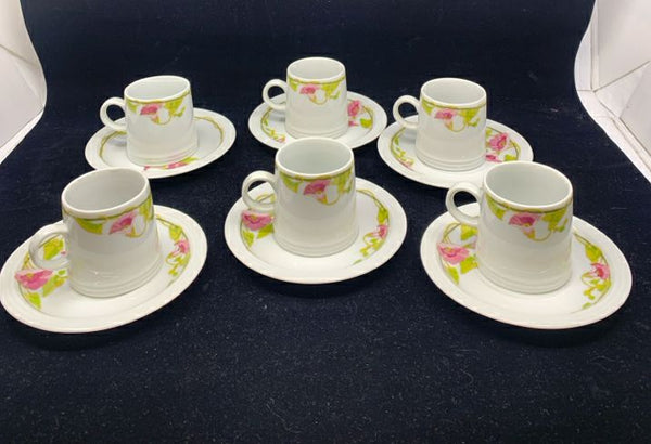 12 PC PINK FLORAL ESPRESSO DEMITASSE CUP SET - 6 CUPS, 6 SAUCERS.