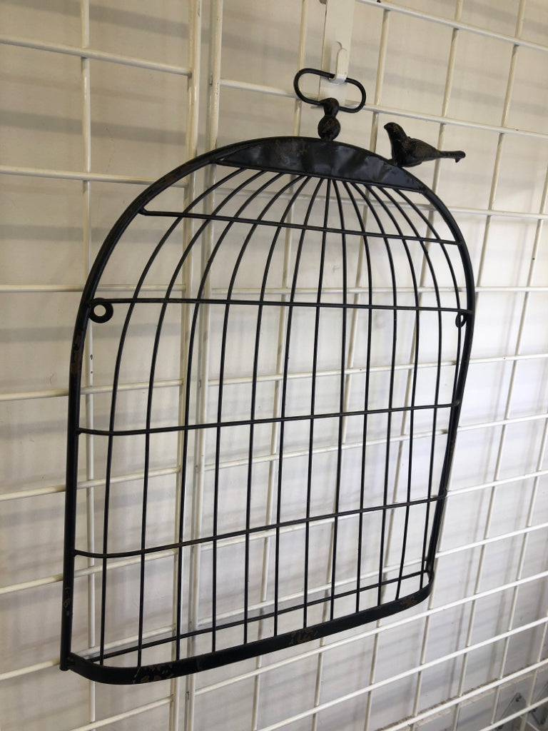 BLACK BIRD CAGE WALL HANGING W/BIRD ON TOP.