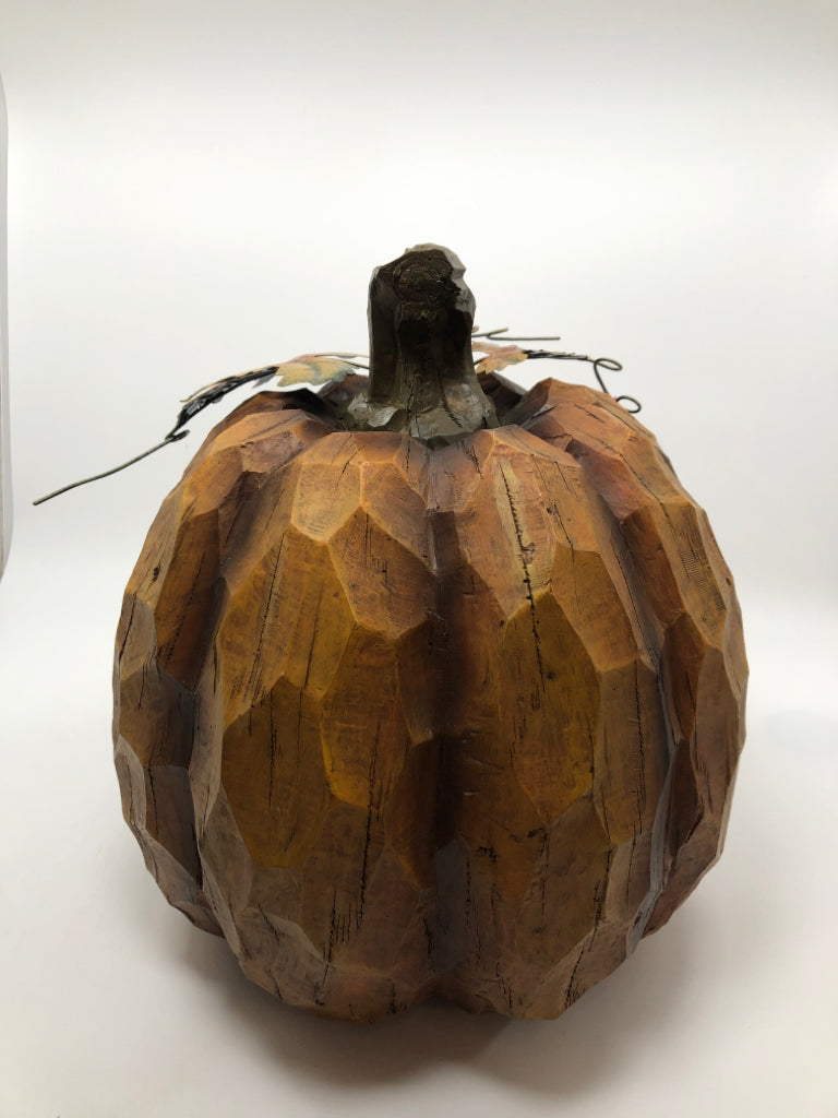 RESIN CARVED STYLE PUMPKIN W/METAL LEAVES.