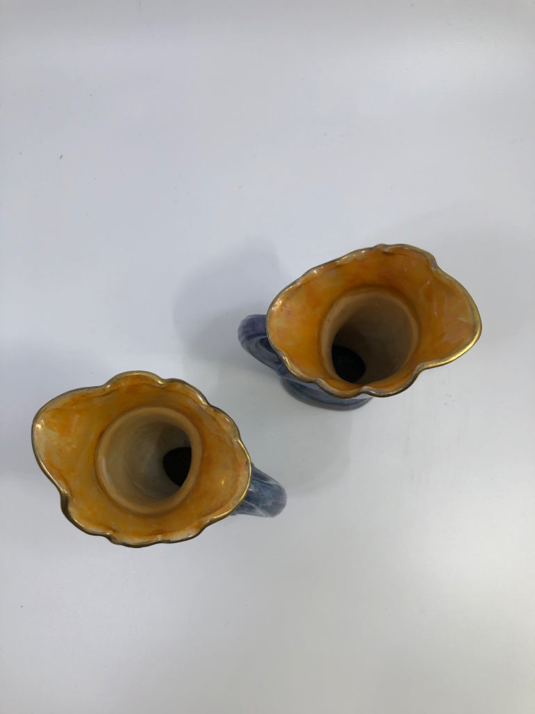 2PC VTG BLUE+ORANGE LUSTERWARE CORNUCOPIA VASE.