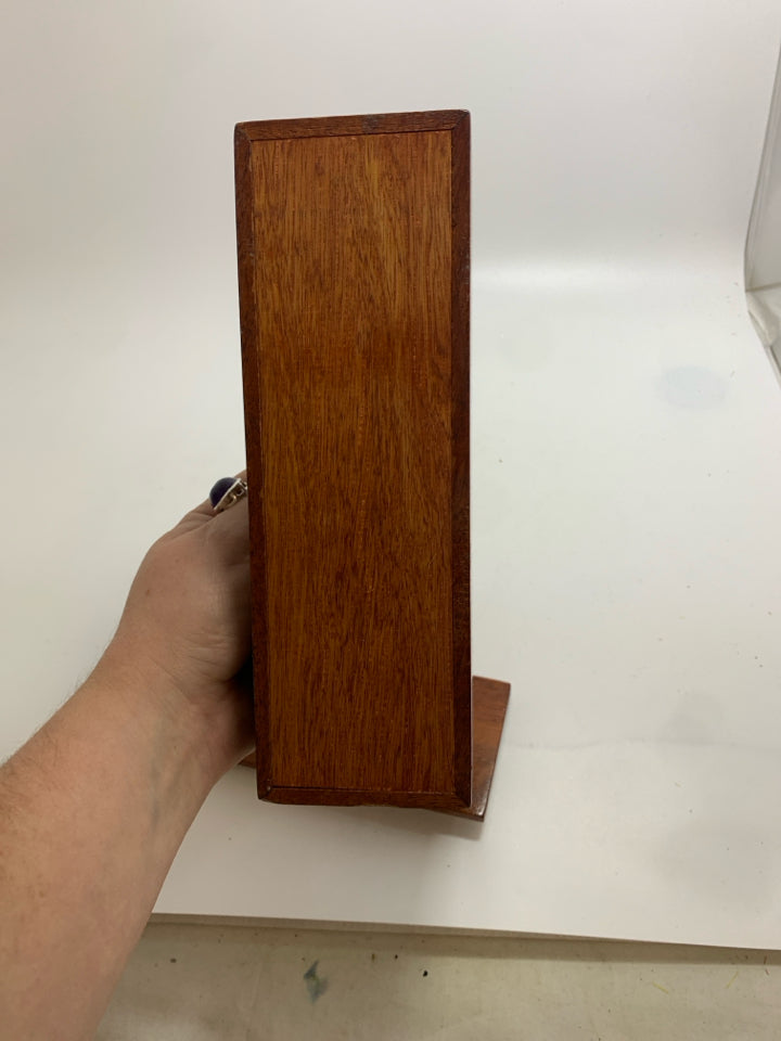 CHERRY OAK STORAGE CONTAINER W/SILVER HANDLE AND LID.