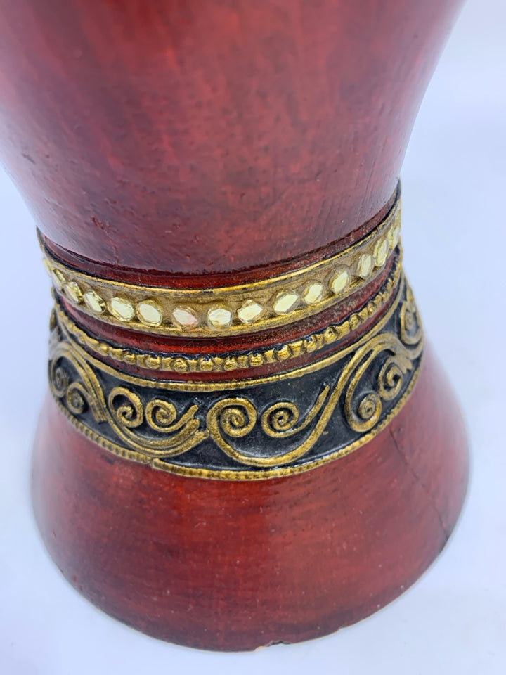 RED PLASTER VASE W/RAISED GOLD DETAILS.