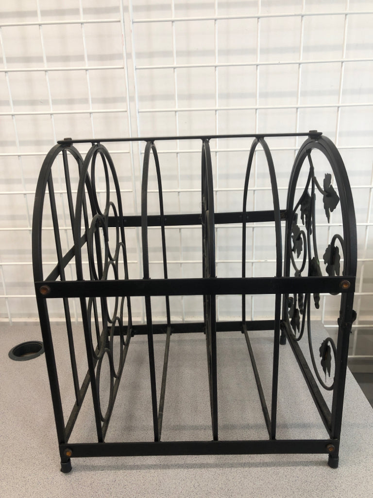 9 BOTTLE BLACK METAL WINE RACK W GRAPES.