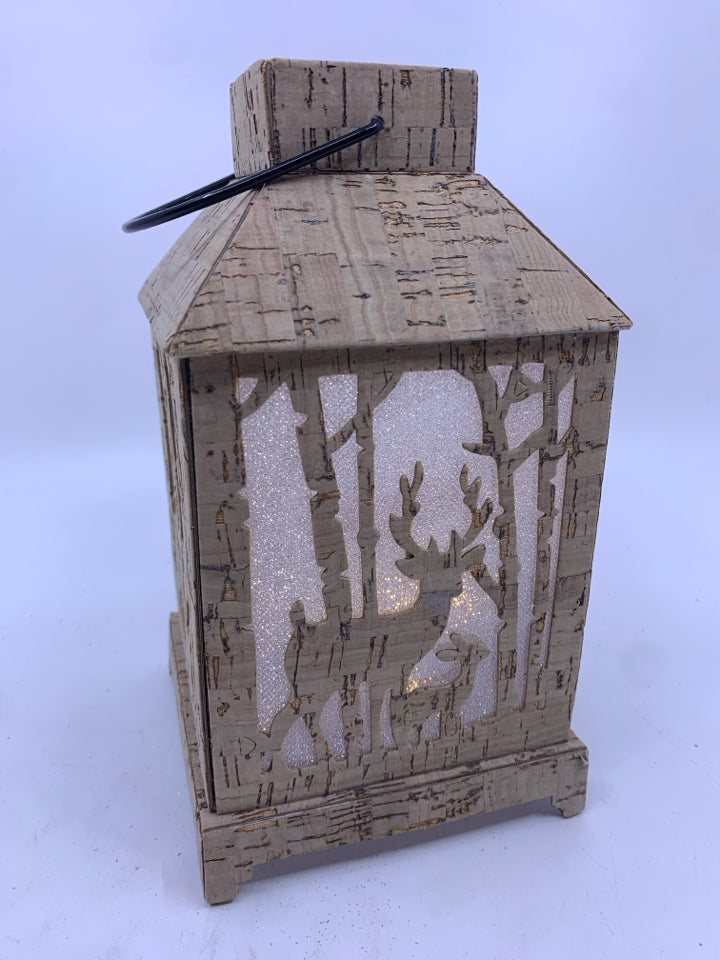 CORK SMALL LANTERN W/ DEER CUT OUTS LIGHT UP.