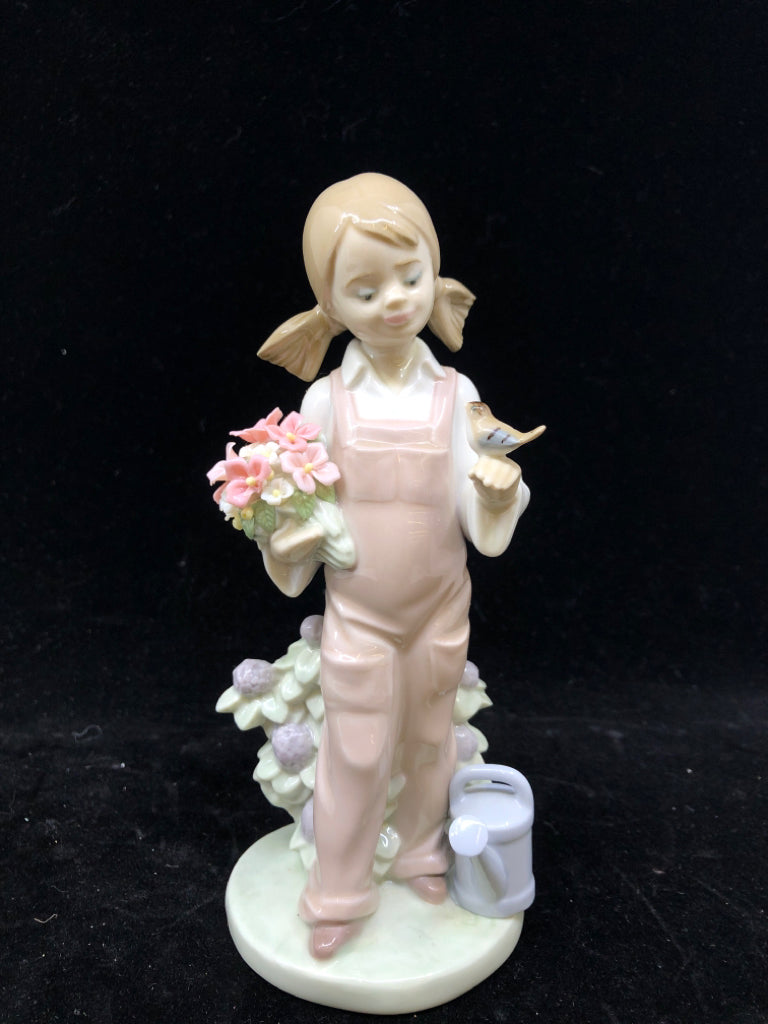 LLADRO GIRL IN PINK OVERALLS W BIRD.