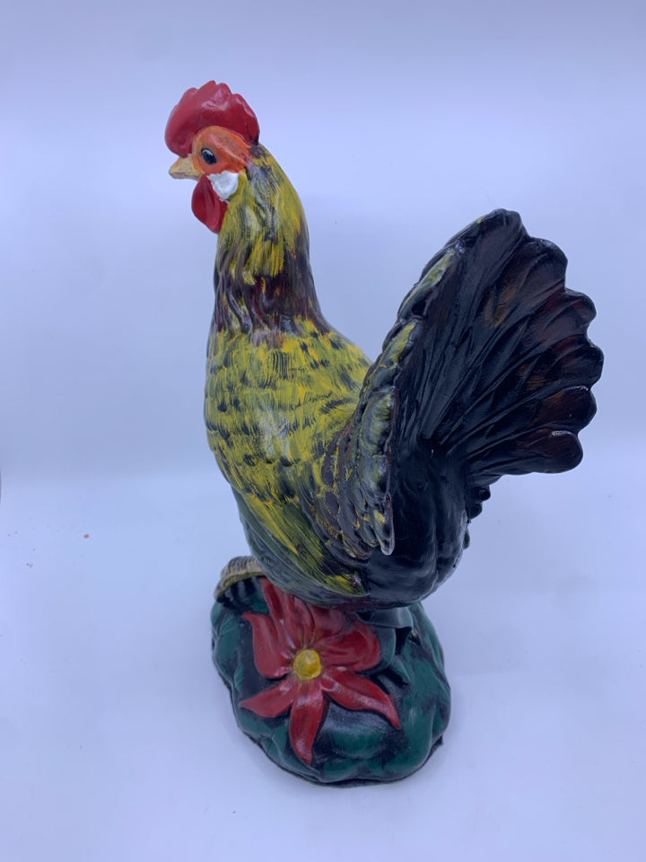 CERAMIC PAINTED ROOSTER W/ RED FLOWER.